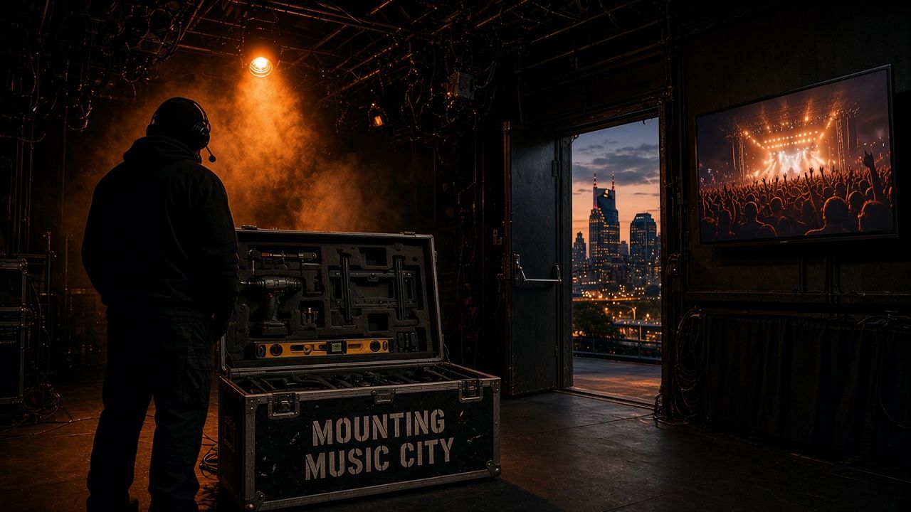 Silhouetted roadie in headphones standing backstage beside an open Mounting Music City road case of mounting tools, orange haze in the rafters, the Nashville skyline at dusk through an open stage door, and a wall-mounted TV playing a live concert